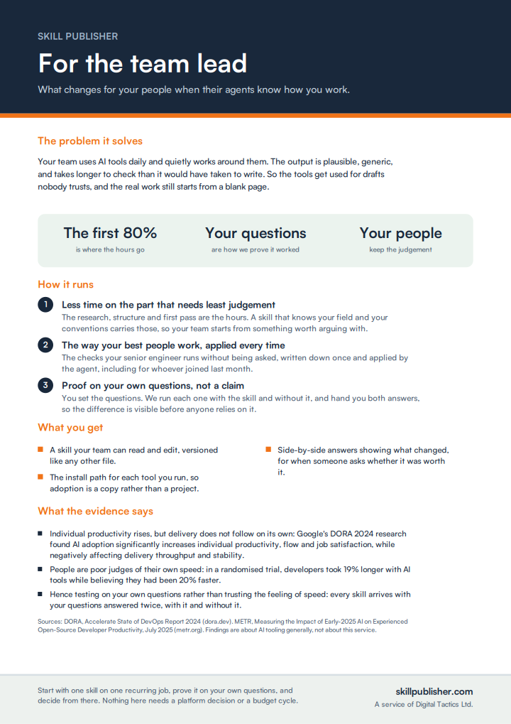 First page of the team lead briefing: what changes for the people doing the work,
                  with three steps and a cited evidence section.